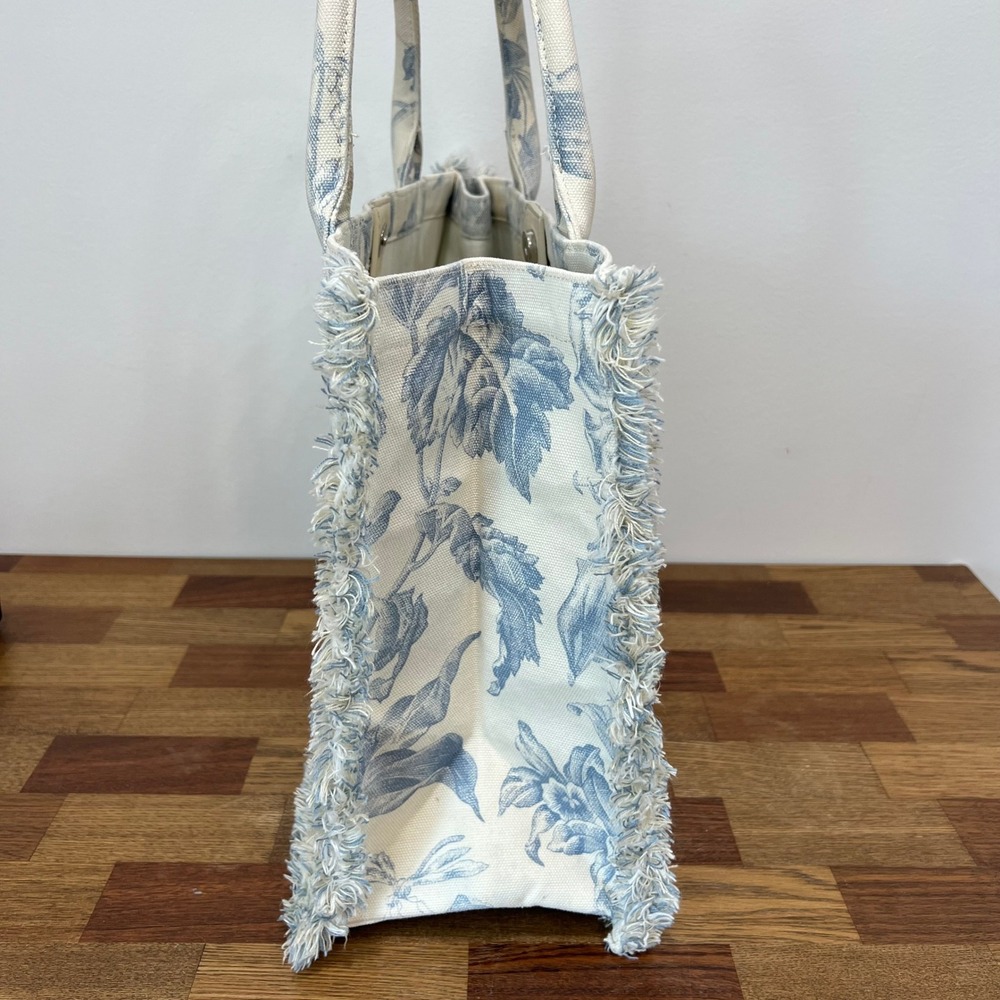 SANDRO Kabash Blue Floral Tote Bag Purse Fringe Hem Large Travel Canvas Designer - Picture 4 of 12